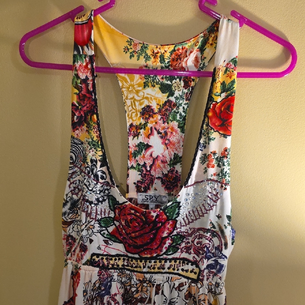 Y2K Floral Dress w/Gemstones, Roses, Tattoo, McBling, Ed Hardy Vibes, Rhinestone